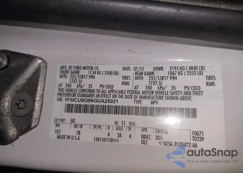 2016 Ford Escape Se z USA, uszkodzony, nr VIN 1FMCU9G99GUA25021